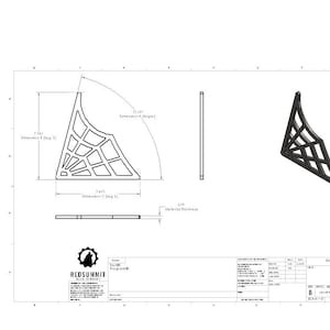 Pode incluir: Desenho técnico de uma estrutura preta, geométrica, semelhante a uma teia de aranha. O desenho inclui dimensões em polegadas, uma vista lateral e uma renderização 3D do objeto. O logotipo da Red Summit está na parte inferior.