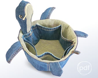 Sew fabric basket, Turtle sewing pattern printable pdf, unique sewing project, upcycle jeans