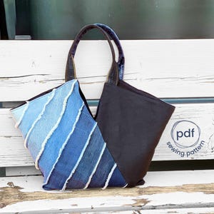 Bag sewing pattern pdf, V-Shape shopper, patchwork + diagonal stripes pattern, how to make the bag from old jeans step by step, tutorial