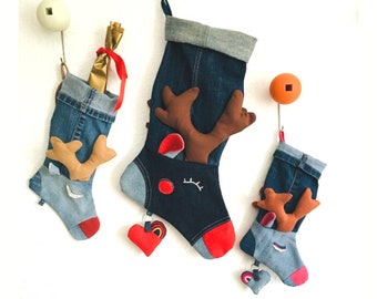 Christmas stocking pdf pattern, upcycle jeans idea, reindeer sewing pattern