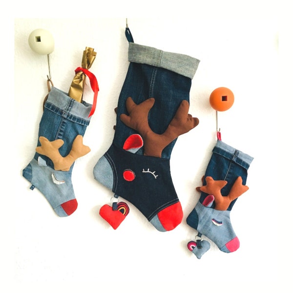 Christmas stocking pdf pattern, upcycle jeans idea, reindeer sewing pattern