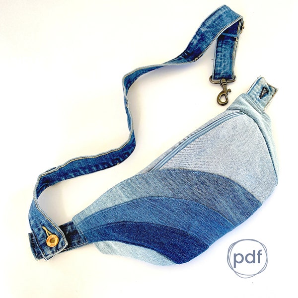 Waist bag sewing pattern, rainbow extra outside pocket, pdf A4, diy old jeans