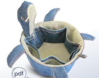 Sew a fabric basket, Turtle sewing pattern printable pdf, unique sewing project, upcycle jeans