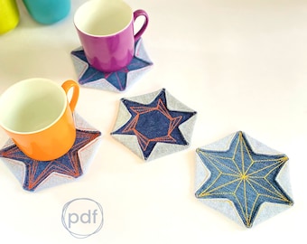 christmas mug rug pattern, fabric coaster tutorial, 24 ready-made star motifs and more ideas for templates