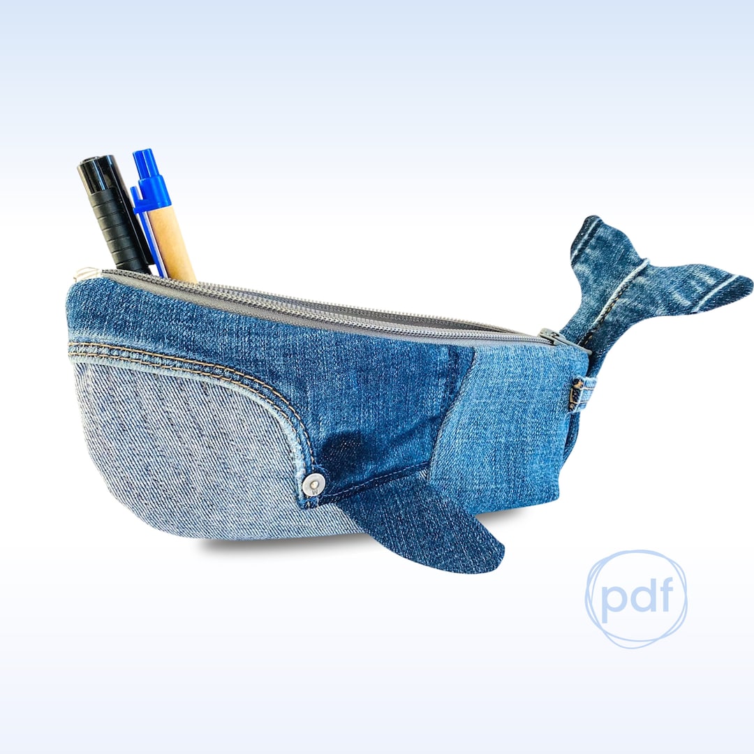 Pencil case sewing pattern, whale sewing project, upcycle jeans idea