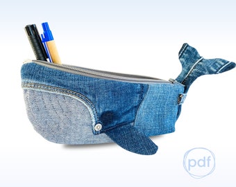 Sewing pattern pencil case, whale sewing project, upcycle jeans idea, pdf