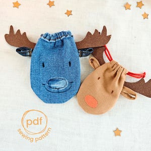 Fabric gift bag sewing pattern, x-mas moose, drawstring pouch bag pattern in 6 sizes, jeans upcycling + fabric scraps pattern, A4, pdf