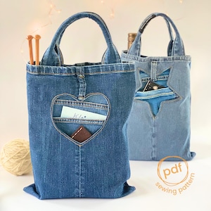 Easy tote bag pattern + reverse applique heart, heart with a double pocket, creative denim bag from old jeans, step by step instuction A4
