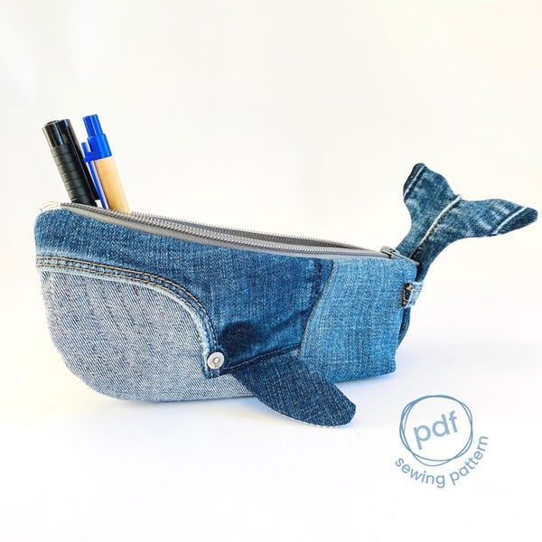 Sewing pattern pencil case, whale sewing project, upcycle jeans idea, pdf