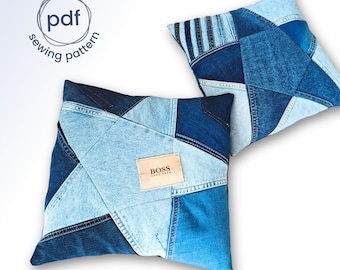 Sternen-Kissen nähen mit Hotelverschluss, Jeans Upcycling Schnittmuster, Kissenbezug nähen o. flaches Sitzkissen, pdf A4, 27 Seiten E-Book