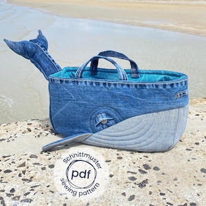 Confection d'un panier de rangement à motif baleine (2 tailles disponibles) ; possibilité de coudre un panier servant d'organisateur de salle de bain ou de rangement pour poupées, une idée de couture originale pour offrir.