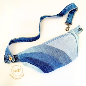 Waist bag sewing pattern, rainbow extra outside pocket, pdf A4, diy old jeans