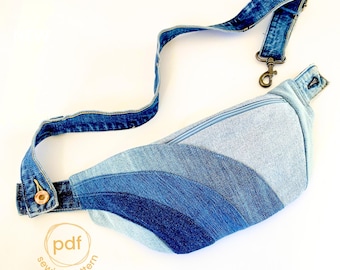 Waist bag sewing pattern, rainbow extra outside pocket, pdf A4, diy old jeans