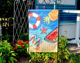 Gartenflagge „Meeresfrüchte, Welcome“, maritimer, luftiger Blickfang im Garten