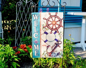 Gartenflagge „Steuerrad, Welcome“, maritimer, luftiger Blickfang im Garten