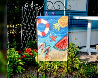 Gartenflagge, Gartenbild „Meeresfrüchte, Welcome“, maritimer, luftiger Blickfang im Garten