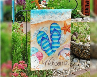 Gartenflagge „Flipflops, Welcome“, bunter, luftiger Blickfang im Garten