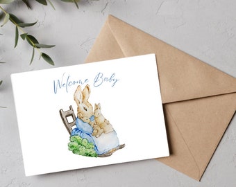 Beatrix Potter, Peter rabbit, welcome baby greeting card for the new mommy to be, congratulations on new baby card, blank inside