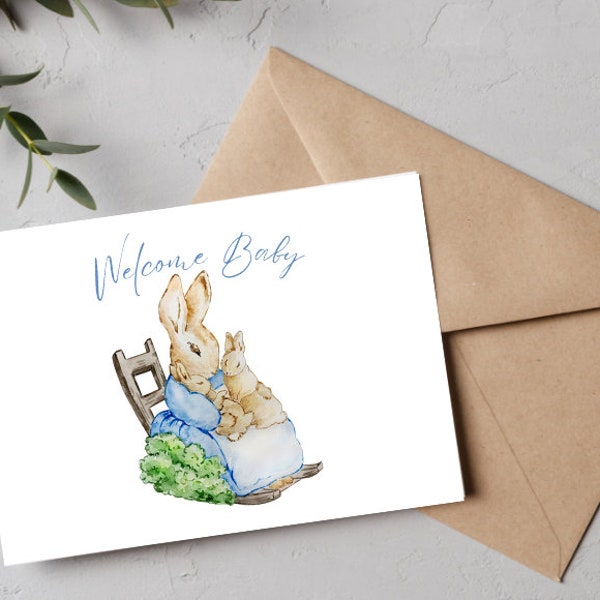 Beatrix Potter, Peter rabbit, welcome baby greeting card for the new mommy to be, congratulations on new baby card, blank inside