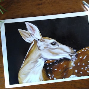 May include: A painting of a white-tailed deer with brown spots, the deer is looking to the left and licking the back of another deer.