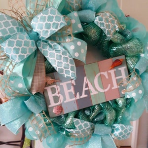 Summer beach wreath, aqua metallic deco mesh, home decor, deco mesh wreath with embellishments, gift for man,woman, child, wife