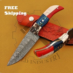 Handmade Damascus Knife Chef Hunting Knife American Texas Flag Handle Knife Size 9" for Groomsmen Gift Wedding Gift Personalized Gift