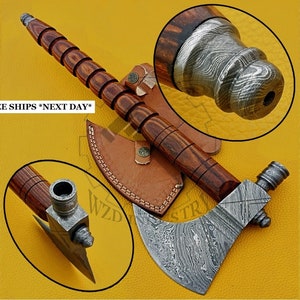 Custom Handmade Tomahawk Axe, Damascus Pipe Hatchet Integral Forged Axe, Walnut Wood Handle, with Leather Sheath, Size 18" Inches