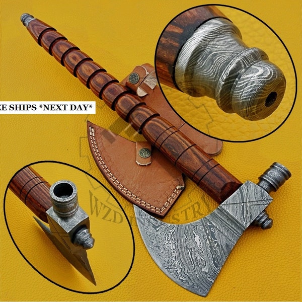 Custom Handmade Forged Damascus Blade Pipe Axe Tomahawk Hatchet Integral Axe, Walnut Wood Handle, with Leather Sheath, Size 18" Inches