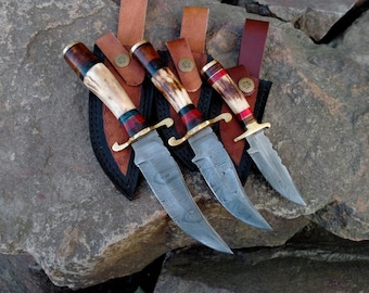 Personalized Damascus Hunting Knives Set for Groomsmen Deer Antler Handle Anniversary Gift Father Gift Personalized Gift Engraved Gift Knife