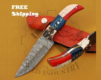 Handmade Damascus Knife Chef Hunting Knife American Texas Flag Handle Knife Size 9" for Groomsmen Gift Wedding Gift Personalized Gift