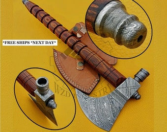 Machado Tomahawk artesanal personalizado, machado de cachimbo de Damasco forjado integralmente, cabo de madeira de nogueira, com bainha de couro, tamanho 18 polegadas (45,7 cm).