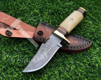 Camel Bone Handle Knife Handmade Forged Damascus Steel Hunting Knife Size 8 Inches with Genuine Leather Sheath Best Gift for her