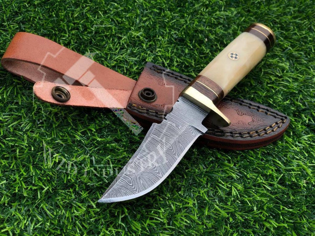 Camel Bone Handle Knife Handmade Damascus Steel Hunting Knife Size 8 Inches With Genuine