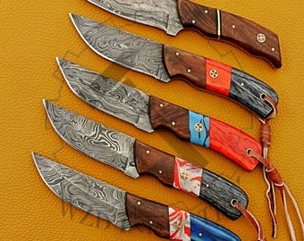 Conjunto de 5 peças, facas de Damasco feitas à mão personalizadas, cabo de resina e madeira, bainha de couro real de couro de vaca, tamanho 20 cm, caça, acampamento, melhor para presente