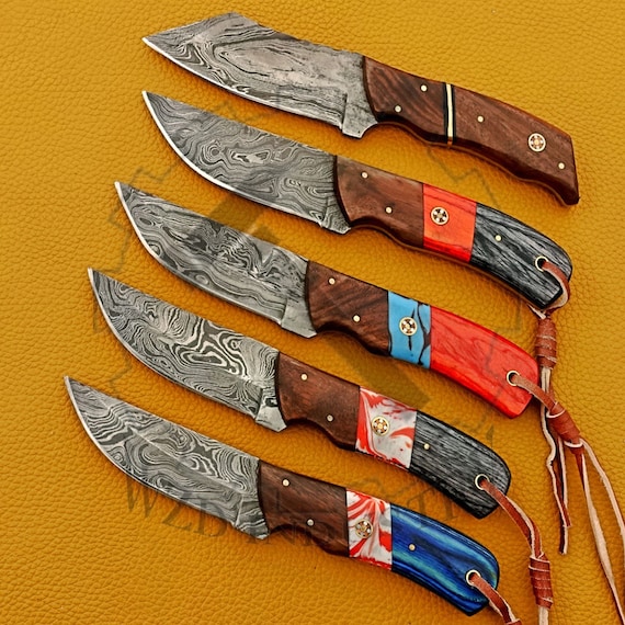 5 PCs Set, Custom Handmade Damascus Knifes, Resin & Wood Handle, Cow hide real leather sheath, Size 8" Inches, Hunting,Camping Best for Gift