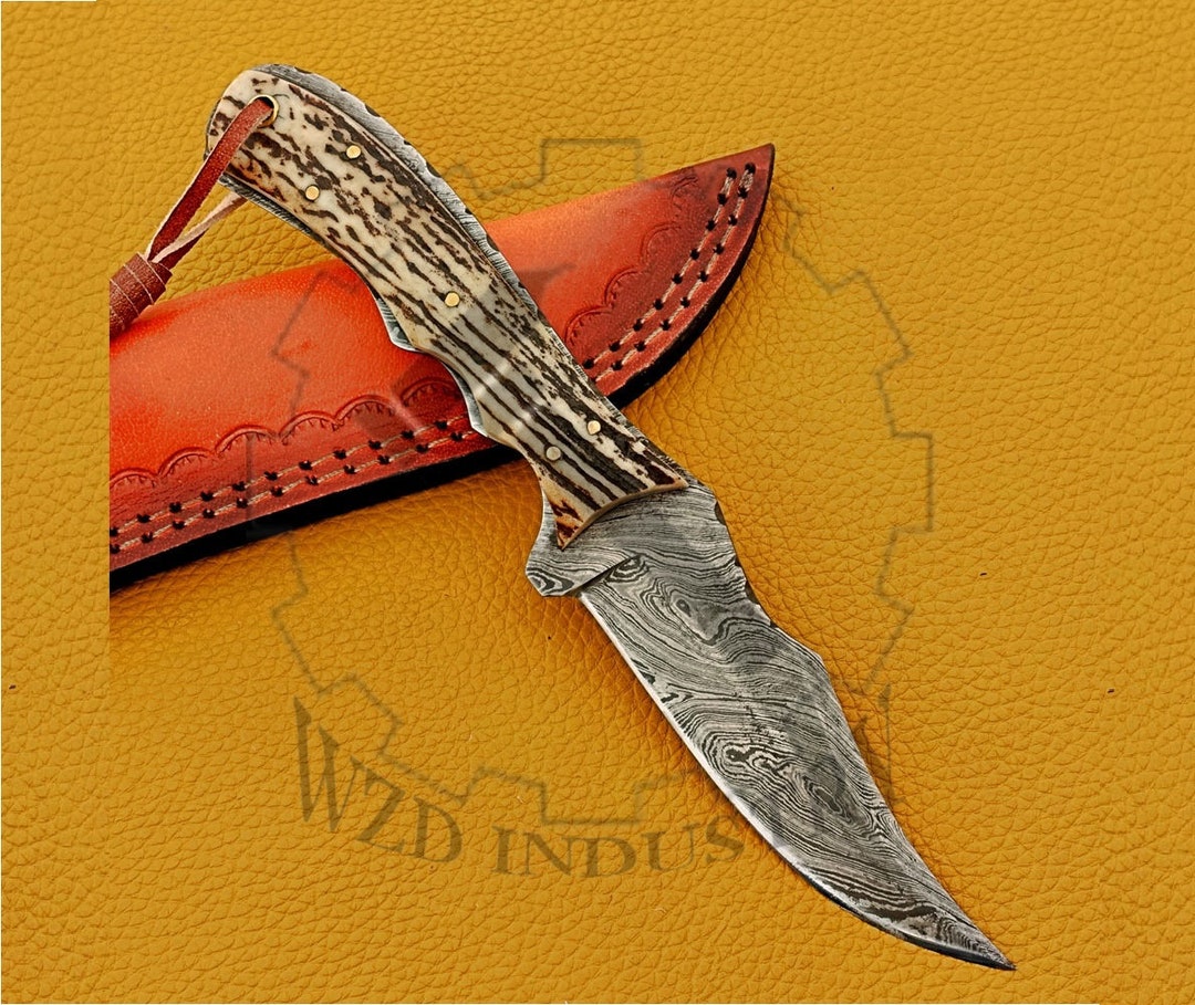 Real Stag Horn Handle Knife, Custom Handmade Damascus Hunting
