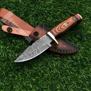 Handmade Forged Damascus Steel Hunting Knife Wood Brass Handle 8 Inches Knife with Genuine Leather Sheath Gift for him, Anniversary gift