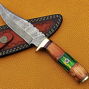 以下が含まれることがあります： ダマスカス鋼の刃と緑色のアクセントが付いた木製のハンドルを持つ狩猟用ナイフ。ナイフは茶色の革製の鞘の上に置かれています。