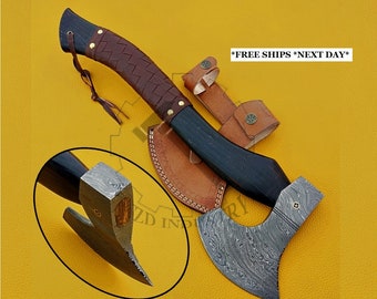Damascus Viking Axe, Custom Handmade Damascus Steel Axe With Leather Sheath, Rosewood Handle, Hatchet Tomahawk Axe, Size 20" Inches