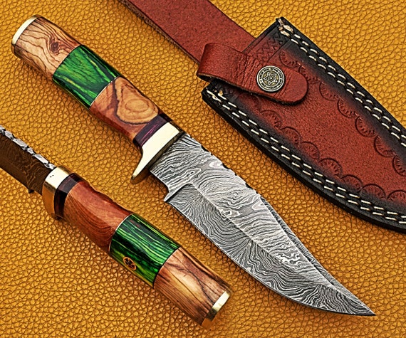 Handmade Knives Damascus Hunting Bowie Knife Olive Wood Handle Size 10"  Personalized Gift for USA Groomsman, Anniversary Gift Father Gift
