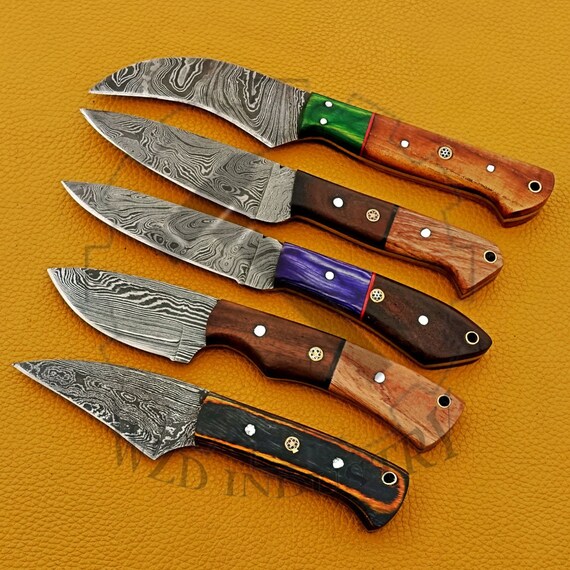 5 PCs Set, Custom Handmade Damascus Knifes, Wood Handle, Cow Hide Real leather Sheath, Hunting, Camping Gift set for him, Christmas Gift