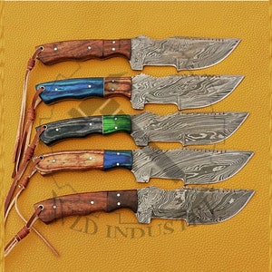 5 PCs Set, Handmade Forged Damascus Hunting Survival Tracker Knife, Wood Handle, Full Tang, Size 10.5" with Leather Sheath Camping, Outdoor