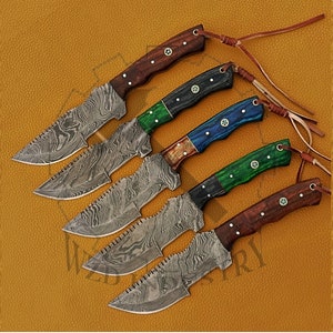 5 PCs Set, Custom Handmade Damascus Hunting Survival Tracker Knife, Wood Handle, Full Tang, Size 10.5" with Leather Sheath Camping, Outdoor