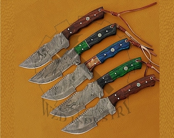 5 PCs Set, Custom Handmade Damascus Hunting Survival Tracker Knife, Wood Handle, Full Tang, Size 10.5" with Leather Sheath Camping, Outdoor