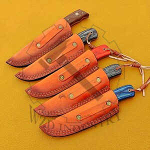 May include: Five leather sheaths with different colored handles for knives. The sheaths are brown leather with stitching and brass rivets.
