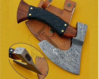 Damascus Viking Axe, Handmade Damascus Steel Axe With Leather Sheath, Rosewood Handle, Hatchet Tomahawk Axe, Size 11.5" Inches
