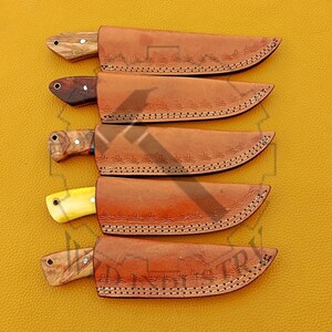 May include: Five leather sheaths with knives inside. The sheaths are brown leather with decorative stitching and the knives have wooden handles.