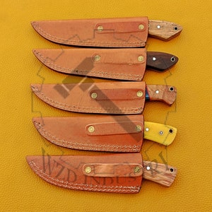 May include: Five leather sheaths with knives inside. The sheaths are brown and have stitching around the edges. The knives have wooden handles and different colored blades.