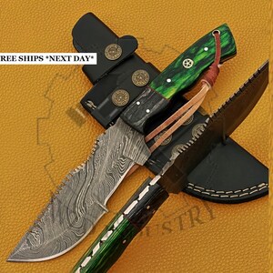 Damascus Tracker Knife, Custom Handmade Tracker Wood Handle, Full Tang, Size 10.5" with Leather Sheath Camping, Outdoor Best Gift
