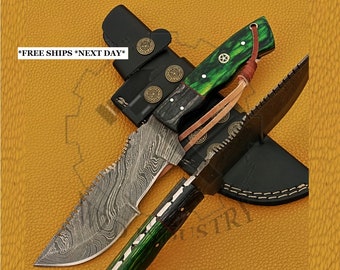 Damascus Tracker Knife, Custom Handmade Tracker Wood Handle, Full Tang, Size 10.5" with Leather Sheath Camping, Outdoor Best Gift